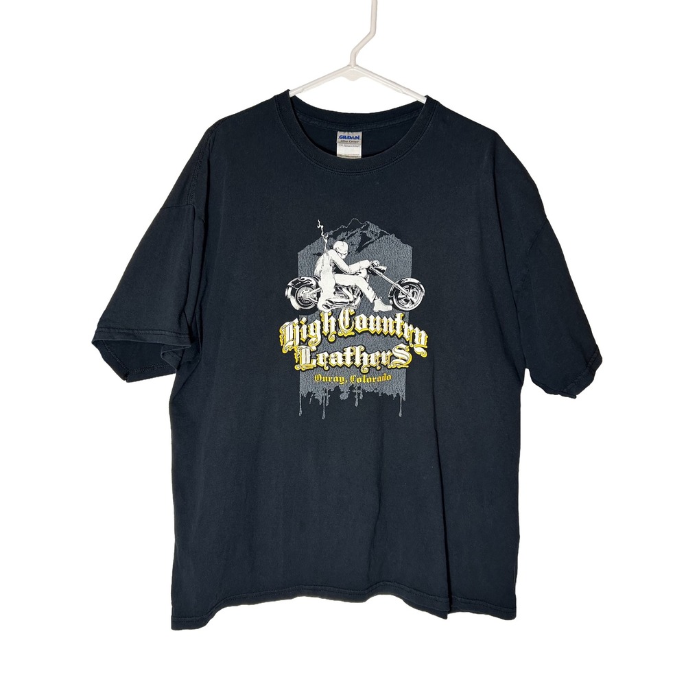 Gildan Ultra Cotton Mens XL Black Ouray High Country Leathers Motorcycle T Shirt